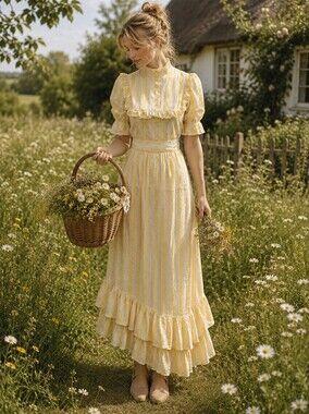 Vintage 1980's Floral Mesh Puff Sleeve Maxi Length Prairie Dress Women's XS/S